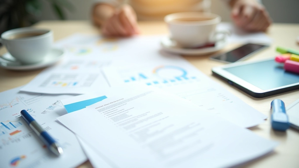 Research materials including industry publications, software documentation, and procurement workflow notes organized on desk