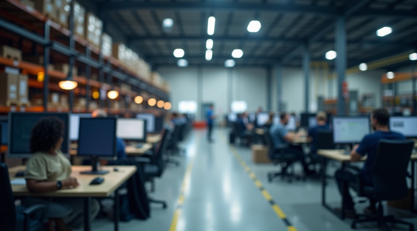 Manufacturing facility with modern procurement workflow setup and organized workspace